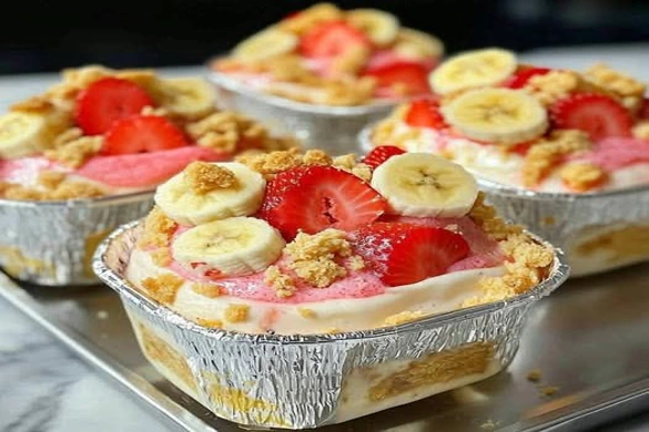 No-bake strawberry cheesecake banana pudding with fresh fruit topping