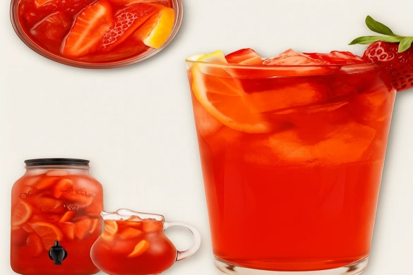 Southern strawberry sweet tea served in a clear glass with ice, fresh strawberries, and lemon for a refreshing summer drink.