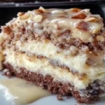 Slice of white German chocolate cake layered with cheesecake, topped with coconut pecan frosting.